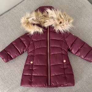 Michael Kors Burgundy Puffer Coat with Faux Fur Trim
